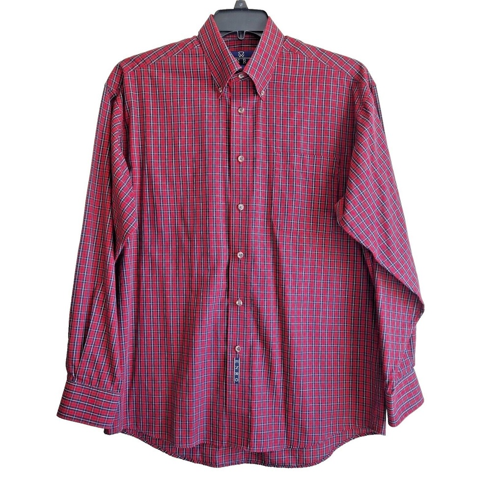 ENRO Mens M Button Down Shirt Long Sleeve Red Blue Checked Casual Wrinkle Free - Picture 2 of 7